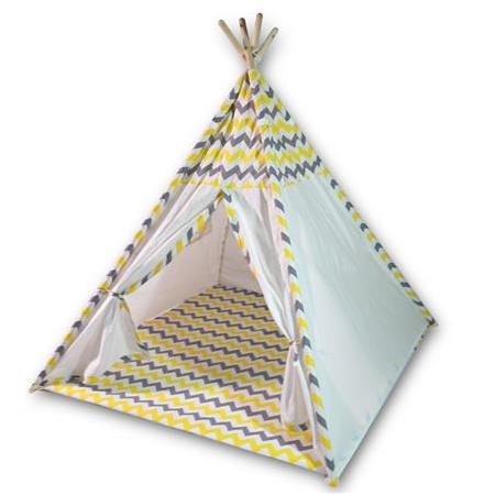 Hupim Ahşap Kızıldereli Oyun ve Uyku Çadırı - Sarı Gri Desenli
