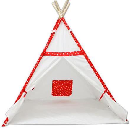 Hupim Ahşap Kızıldereli Oyun ve Uyku Çadırı - Beyaz Kırmızı Yıldızlı