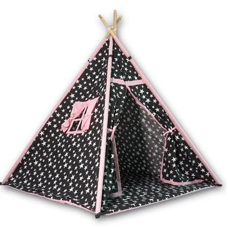 Hupim Ahşap Kızıldereli Oyun ve Uyku Çadırı - Siyah Pembe Yıldızlı