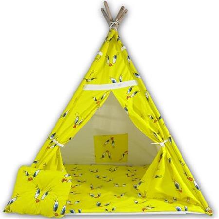 Hupim Ahşap Kızıldereli Oyun ve Uyku Çadırı - Sarı Civciv Desenli